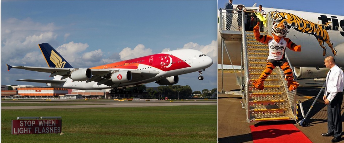 SIA plane and Tiger Airways mascot